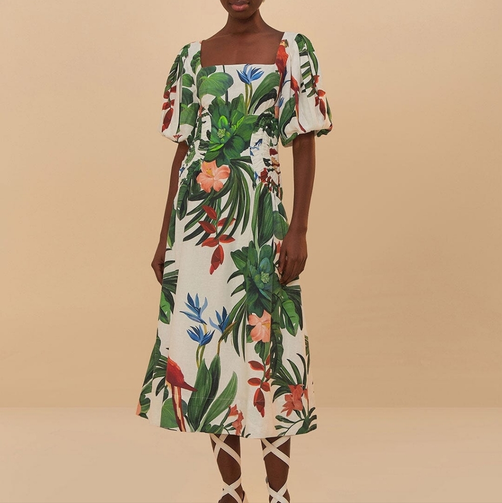 Anthropologie Farm Rio Off White Midnight Macaw Fiesta Midi Dress